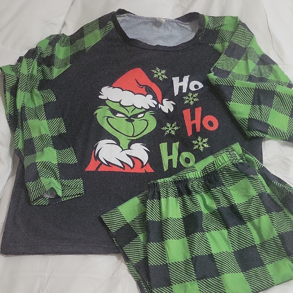 Green and Black Grinch Pajama Set with Buffalo Plaid